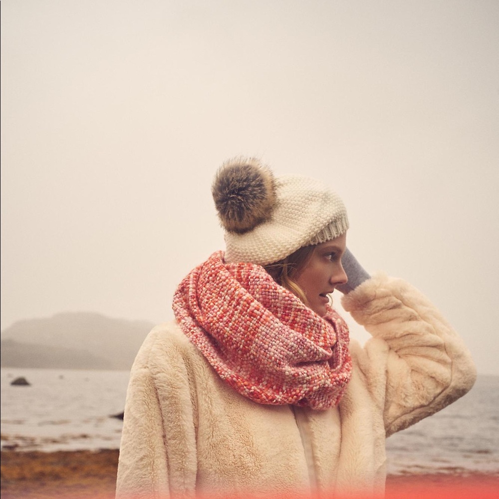 Anthropologie Cream Pom-Pom Beanie with Pink Multi Knit Infinity Scarf